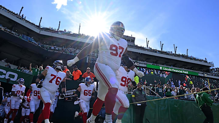 Oct 26, 2025; Philadelphia, Pennsylvania, USA; New York Giants defensive tackle Dexter Lawrence (97) takes the filed against the Philadelphia Eagles at Lincoln Financial Field. Mandatory Credit: Eric Hartline-Imagn Images