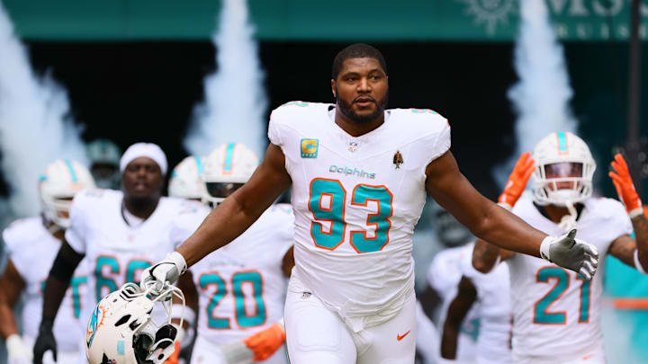 Oct 27, 2024; Miami Gardens, Florida, USA; Miami Dolphins defensive tackle Calais Campbell (93) enters the field before the game against the Arizona Cardinals at Hard Rock Stadium. Mandatory Credit: Sam Navarro-Imagn Images