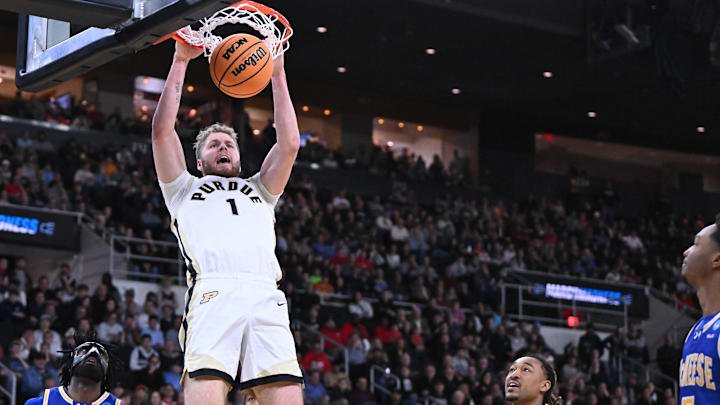 Purdue Boilermakers forward Caleb Furst (1) dunks against McNeese State Cowboys 