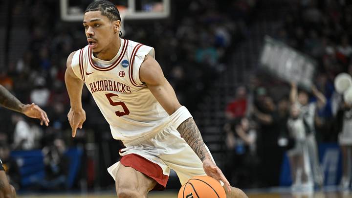 Mar 19, 2026; Portland, OR, USA; Arkansas Razorbacks guard Darius Acuff Jr. (5) drives against the Hawaii Rainbow Warriors in the second half during a first round game of the men's 2026 NCAA Tournament at Moda Center. Mandatory Credit: Craig Strobeck-Imagn Images Mar 19, 2026; Portland, OR, USA; Arkansas Razorbacks guard Darius Acuff Jr. (5) drives against the Hawaii Rainbow Warriors in the second half during a first round game of the men's 2026 NCAA Tournament at Moda Center. Mandatory Credit: Craig Strobeck-Imagn Images