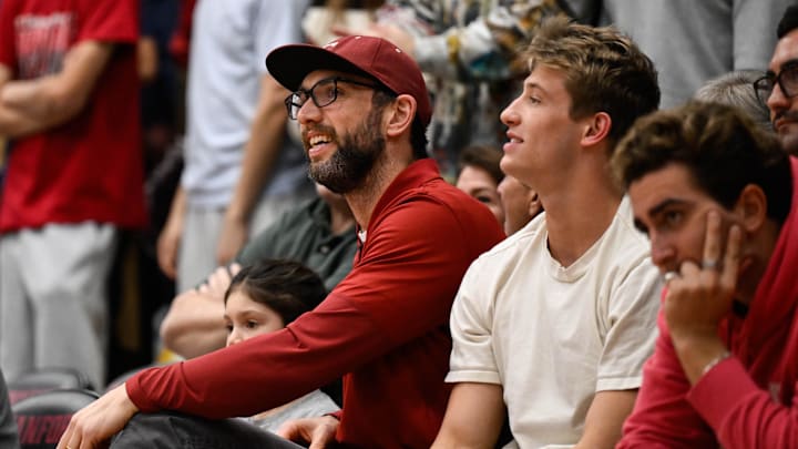 Jan 14, 2026; Stanford, California, USA; Stanford Cardinal football General Manager Andrew Luck watches the game against the North Carolina Tar Heels in the first half at Maples Pavilion. Mandatory Credit: Eakin Howard-Imagn Images