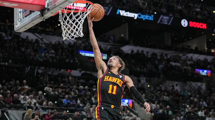 Nov 30, 2023; San Antonio, Texas, USA;  Atlanta Hawks guard Trae Young (11) lays the ball in during the second half against the San Antonio Spurs at the Frost Bank Center. Mandatory Credit: Daniel Dunn-USA TODAY Sports