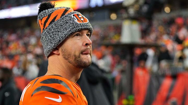Cincinnati Bengals quarterback AJ McCarron (4) watches a replay in the fourth quarter of the NFL Week 12 game between the Cincinnati Bengals and the Pittsburgh Steelers at Paycor Stadium in Cincinnati on Sunday, Nov. 26, 2023. The Steelers took a 16-10 win over the Bengals in Cincinnati. Cincinnati Bengals quarterback AJ McCarron (4) watches a replay in the fourth quarter of the NFL Week 12 game between the Cincinnati Bengals and the Pittsburgh Steelers at Paycor Stadium in Cincinnati on Sunday, Nov. 26, 2023. The Steelers took a 16-10 win over the Bengals in Cincinnati.