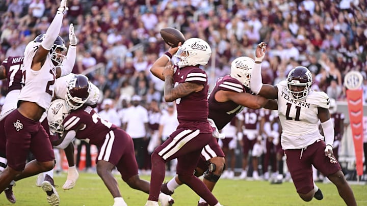 Oct 19, 2024; Starkville, Mississippi, USA; Mississippi State Bulldogs quarterback Michael Van Buren Jr. (0) makes a pass against the Texas A&M Aggies during the third quarter at Davis Wade Stadium at Scott Field. Mandatory Credit: Matt Bush-Imagn Images