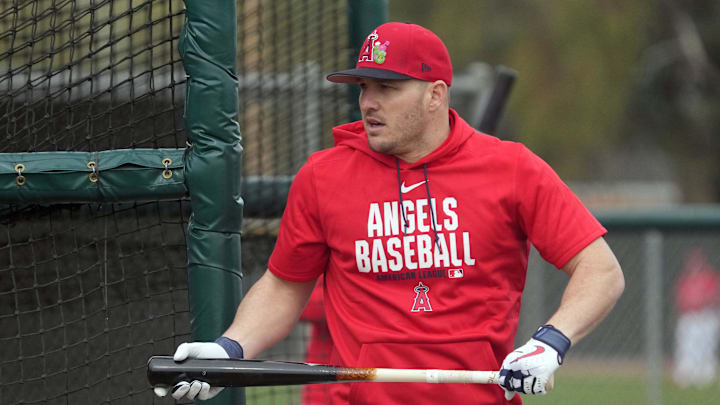 Feb 16, 2026; Tempe, AZ, USA; Los Angeles Angels right fielder Mike Trout (27) prepares to hit during spring training camp. Mandatory Credit: Rick Scuteri-Imagn Images Feb 16, 2026; Tempe, AZ, USA; Los Angeles Angels right fielder Mike Trout (27) prepares to hit during spring training camp. Mandatory Credit: Rick Scuteri-Imagn Images