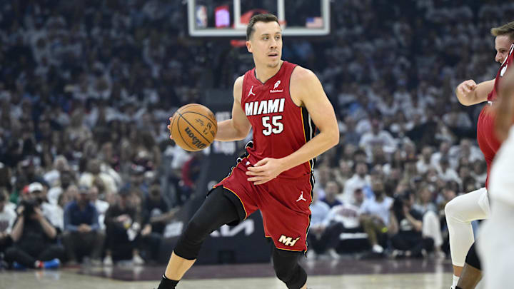 Apr 20, 2025; Cleveland, Ohio, USA; Miami Heat forward Duncan Robinson (55) dribbles the ball in the first quarter against the Cleveland Cavaliers at Rocket Arena. Mandatory Credit: David Richard-Imagn Images Apr 20, 2025; Cleveland, Ohio, USA; Miami Heat forward Duncan Robinson (55) dribbles the ball in the first quarter against the Cleveland Cavaliers at Rocket Arena. Mandatory Credit: David Richard-Imagn Images