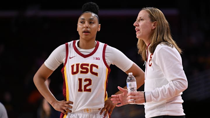 Jan 12, 2025; Los Angeles, California, USA; USC Trojans head coach Lindsay Gottlieb talks to guard JuJu Watkins (12) during the second quarter against the Penn State Nittany Lions at Galen Center. Jan 12, 2025; Los Angeles, California, USA; USC Trojans head coach Lindsay Gottlieb talks to guard JuJu Watkins (12) during the second quarter against the Penn State Nittany Lions at Galen Center.