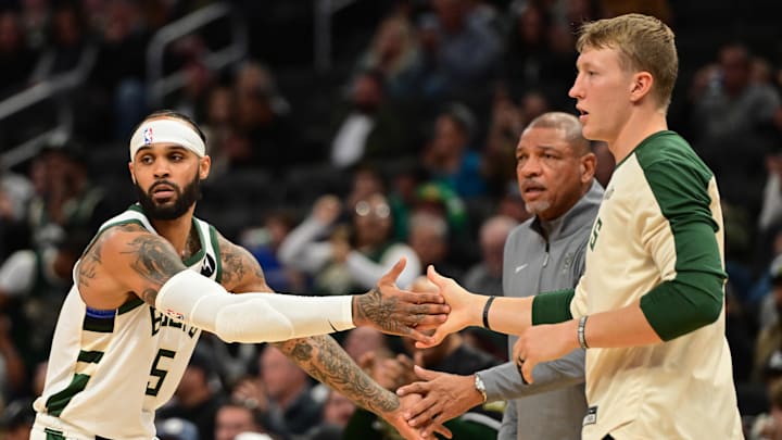 Oct 14, 2024; Milwaukee, Wisconsin, USA;  Milwaukee Bucks guard Gary Trent Jr. (5) reacts after scoring a basket in the third quarter at Fiserv Forum. Mandatory Credit: Benny Sieu-Imagn Images