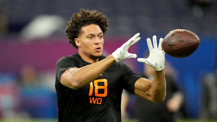 Mar 1, 2025; Indianapolis, IN, USA; Iowa State wideout Jayden Higgins (WO18) during the 2025 NFL Combine at Lucas Oil Stadium. Mandatory Credit: Kirby Lee-Imagn Images