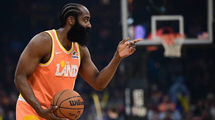 Mar 24, 2026; Cleveland, Ohio, USA; Cleveland Cavaliers guard James Harden (1) directs the offense during the second half against the Orlando Magic at Rocket Arena. Mandatory Credit: David Dermer-Imagn Images