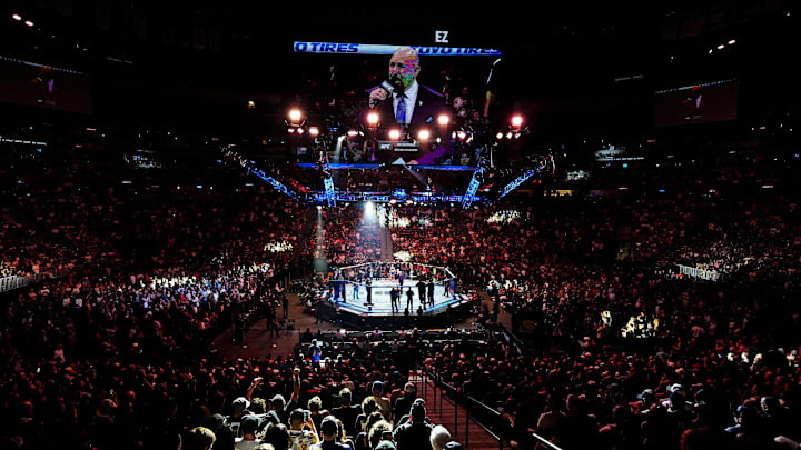 Jul 13, 2024; Denver, Colorado, USA; An overall view of the octagon before the fight between Rose Namajunas (red gloves) and Tracy Cortez (blue gloves) during UFC Fight Night at Ball Arena. Mandatory Credit: Ron Chenoy-Imagn Images Jul 13, 2024; Denver, Colorado, USA; An overall view of the octagon before the fight between Rose Namajunas (red gloves) and Tracy Cortez (blue gloves) during UFC Fight Night at Ball Arena. Mandatory Credit: Ron Chenoy-Imagn Images