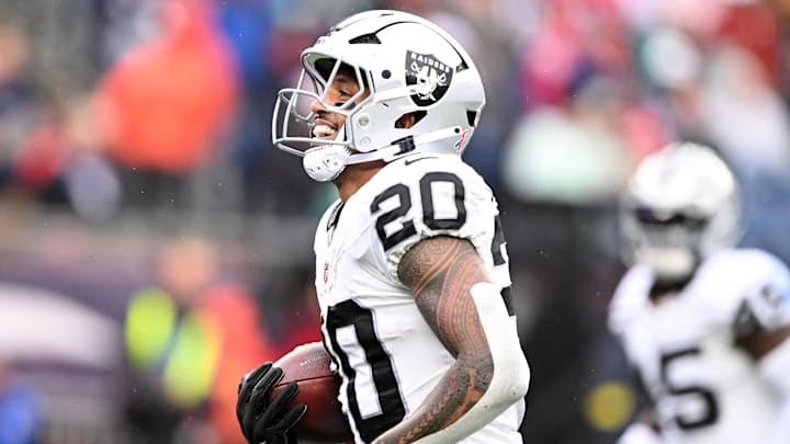 Sep 7, 2025; Foxborough, Massachusetts, USA; Las Vegas Raiders safety Isaiah Pola-Mao (20) reacts after an interception against the New England Patriots during the second half at Gillette Stadium. Mandatory Credit: Brian Fluharty-Imagn Images