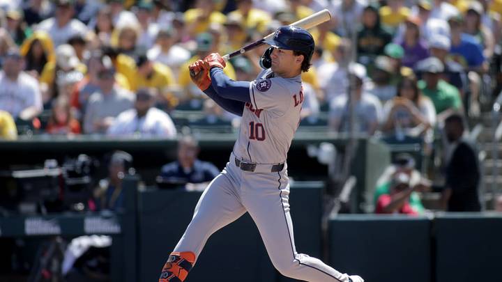 Apr 4, 2026; West Sacramento, California, USA; Houston Astros right fielder Joey Loperfido (10) hits a single during the first inning against the Athletics at Sutter Health Park. Mandatory Credit: Scott Marshall-Imagn Images