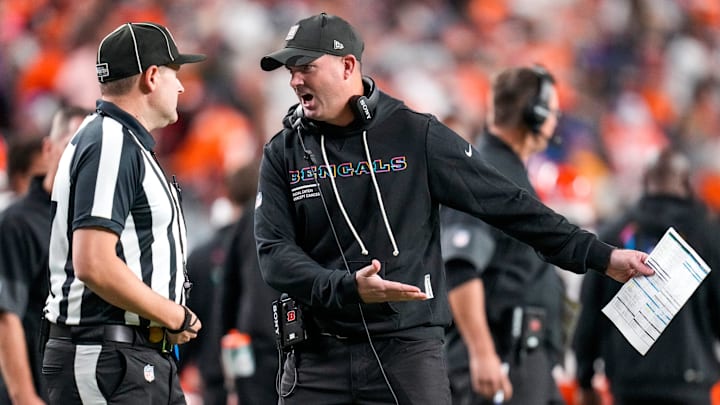 Cincinnati Bengals head coach Zac Taylor shouts to a referee in the fourth quarter of the NFL Week 4 Monday Night Football game between the Denver Broncos and the Cincinnati Bengals at Empower Field at Mile High in Denver on Monday, Sept. 29, 2025. The Bengals fell to 2-2 with a 28-3 loss to the Broncos. Cincinnati Bengals head coach Zac Taylor shouts to a referee in the fourth quarter of the NFL Week 4 Monday Night Football game between the Denver Broncos and the Cincinnati Bengals at Empower Field at Mile High in Denver on Monday, Sept. 29, 2025. The Bengals fell to 2-2 with a 28-3 loss to the Broncos.