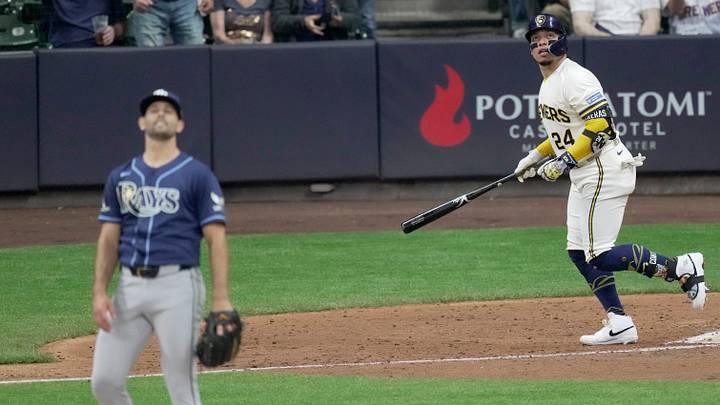 Mar 30, 2026; Milwaukee, Wisconsin, USA; Milwaukee Brewers catcher William Contreras (24) watches his two-run home run off of Tampa Bay Rays pitcher Nick Martinez (28) during the sixth inning at American Family Field. Mandatory Credit: Mark Hoffman/USA TODAY Network via Imagn Images Mar 30, 2026; Milwaukee, Wisconsin, USA; Milwaukee Brewers catcher William Contreras (24) watches his two-run home run off of Tampa Bay Rays pitcher Nick Martinez (28) during the sixth inning at American Family Field. Mandatory Credit: Mark Hoffman/USA TODAY Network via Imagn Images