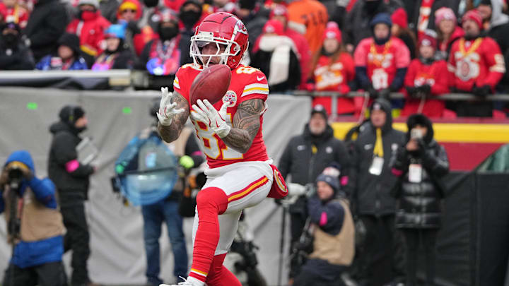 Jan 18, 2025; Kansas City, Missouri, USA; Kansas City Chiefs wide receiver Nikko Remigio (81) catches a punt against the Houston Texans during the first quarter of a 2025 AFC divisional round game at GEHA Field at Arrowhead Stadium. Mandatory Credit: Denny Medley-Imagn Images