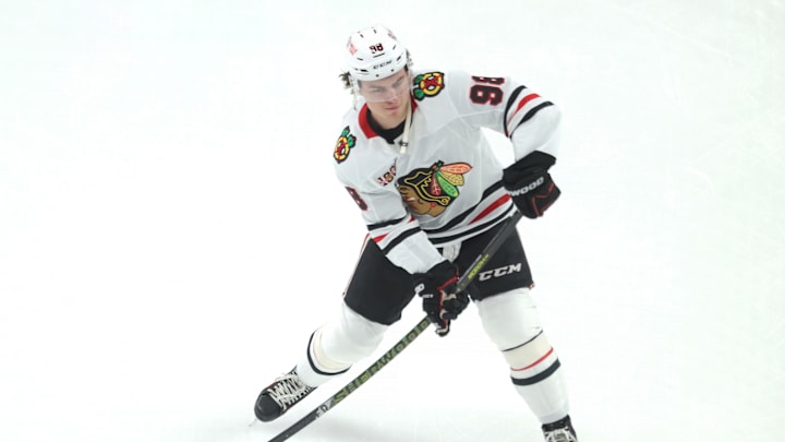 Jan 29, 2026; Pittsburgh, Pennsylvania, USA;  Chicago Blackhawks center Connor Bedard (98) warms up against the Pittsburgh Penguins at PPG Paints Arena. Mandatory Credit: Charles LeClaire-Imagn Images
