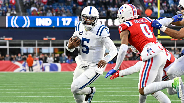 Dec 1, 2024; Foxborough, Massachusetts, USA; Indianapolis Colts quarterback Anthony Richardson (5) runs the ball against the New England Patriots during the second half at Gillette Stadium. Mandatory Credit: Eric Canha-Imagn Images