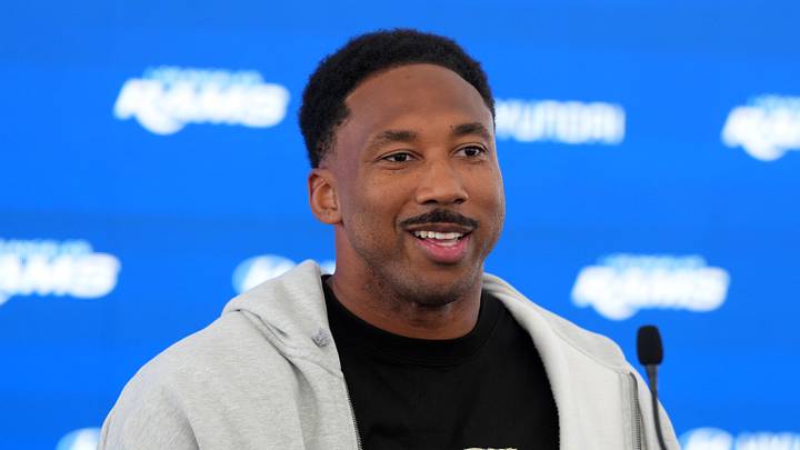 Jun 2, 2026; Woodland Hills, CA, USA; Los Angeles Rams defensive end Myles Garrett at press conference at Rams Practice Facility. Mandatory Credit: Kirby Lee-Imagn Images Jun 2, 2026; Woodland Hills, CA, USA; Los Angeles Rams defensive end Myles Garrett at press conference at Rams Practice Facility. Mandatory Credit: Kirby Lee-Imagn Images