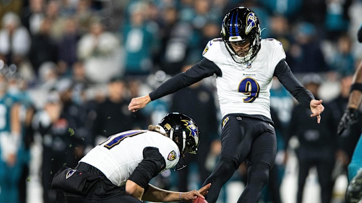 Dec 17, 2023; Jacksonville, Florida, USA; Baltimore Ravens kicker Justin Tucker (9) kicks a field goal against the Jacksonville Jaguars in the fourth quarter at EverBank Stadium.