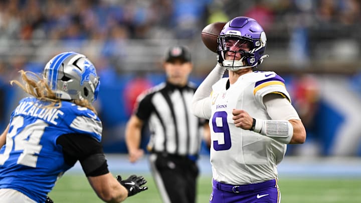 Nov 2, 2025; Detroit, Michigan, USA; Minnesota Vikings quarterback J.J. McCarthy (9) throws the ball during the first quarter against the Minnesota Vikings at Ford Field. Mandatory Credit: Lon Horwedel-Imagn Images Nov 2, 2025; Detroit, Michigan, USA; Minnesota Vikings quarterback J.J. McCarthy (9) throws the ball during the first quarter against the Minnesota Vikings at Ford Field. Mandatory Credit: Lon Horwedel-Imagn Images
