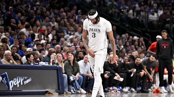 Feb 8, 2025; Dallas, Texas, USA; Dallas Mavericks forward Anthony Davis (3) leaves the game against the Houston Rockets during the third quarter at the American Airlines Center. Mandatory Credit: Jerome Miron-Imagn Images