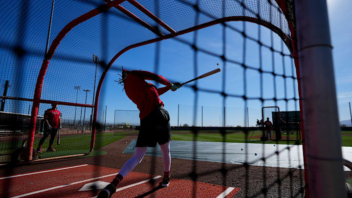 Cincinnati Reds shortstop Elly De La Cruz (44) takes batting practice at the Cincinnati Reds Player Development Complex in Goodyear, Ariz., on Saturday, Feb. 15, 2025.