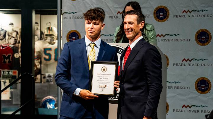 Mississippi State infielder and Ferriss Trophy finalist Ace Reese, left, poses for a picture with the inaugural trophy winner Stephen Head during the Ferriss Trophy award ceremony at the Mississippi Sports Hall of Fame and Museum in Jackson, Miss. on Monday, May 18, 2026. Mississippi State infielder and Ferriss Trophy finalist Ace Reese, left, poses for a picture with the inaugural trophy winner Stephen Head during the Ferriss Trophy award ceremony at the Mississippi Sports Hall of Fame and Museum in Jackson, Miss. on Monday, May 18, 2026.