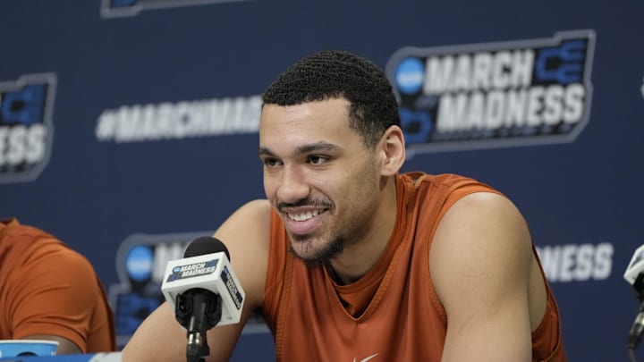 Mar 20, 2024; Charlotte, NC, USA; Texas Longhorns forward Dylan Disu (1) during a press conference