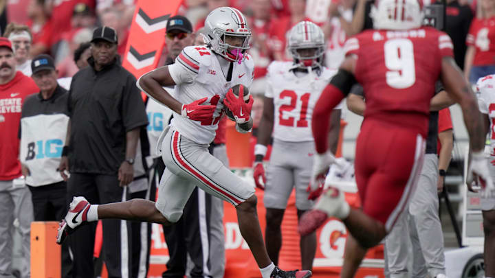 Ohio State wide receiver Quincy Porter (11) makes a reception during the third quarter of their game against Wisconsin Saturday, October 18, 2025 at Camp Randall Stadium in Madison, Wisconsin.
