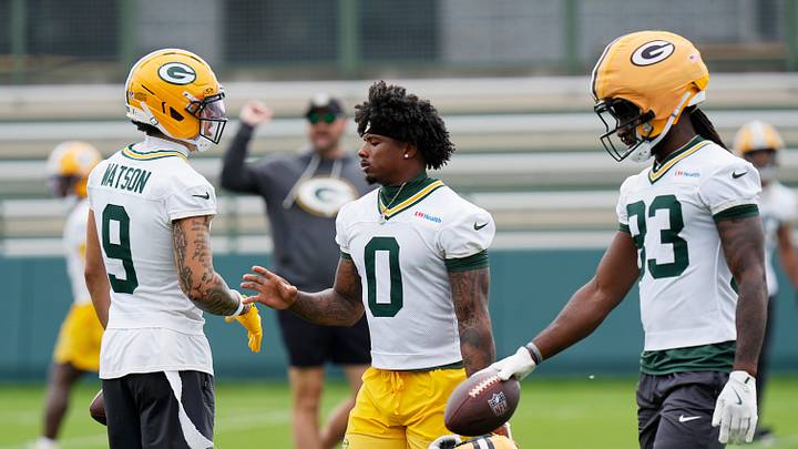 Green Bay Packers wide receiver Christian Watson (9), Green Bay Packers wide receiver Matthew Golden (0), and Green Bay Packers wide receiver Savion Williams (83) prepare to run drills during the first day of a three-day minicamp at the Don Hutson Center in Ashwaubenon, Wisconsin on Tuesday, June 9, 2026.