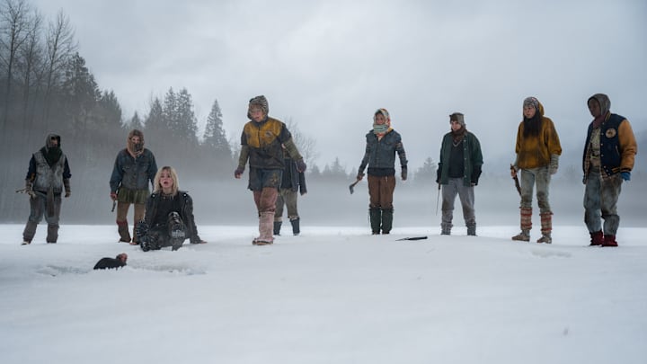 (L-R): Jenna Burgess as Teen Melissa, Sophie Thatcher as Teen Natalie, Samantha Hanratty as Teen Misty, Jasmin Savoy Brown as Teen Taissa, Sophie Nélisse as Teen Shauna, Alexa Barajas as Teen Mari and Nia Sondaya as Teen Akilah in YELLOWJACKETS, "It Chooses". 