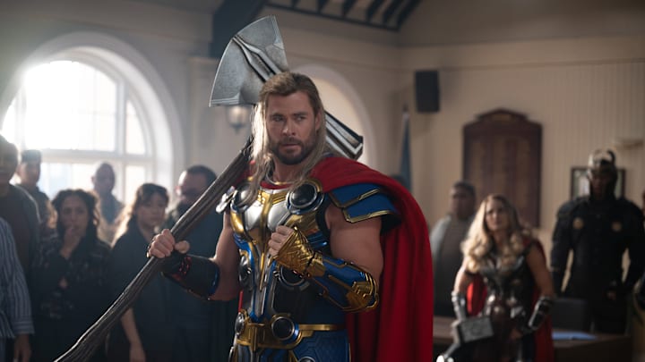 (L-R): Chris Hemsworth as Thor and Natalie Portman as The Mighty Thor in Marvel Studios' THOR: LOVE AND THUNDER. Photo by Jasin Boland. ©Marvel Studios 2022. All Rights Reserved.
