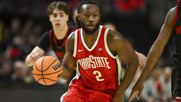 Feb 5, 2026; College Park, Maryland, USA;  Ohio State Buckeyes guard Bruce Thornton (2) dribbles up the court during the first half against the Maryland Terrapins at Xfinity Center. Mandatory Credit: Tommy Gilligan-Imagn Images
