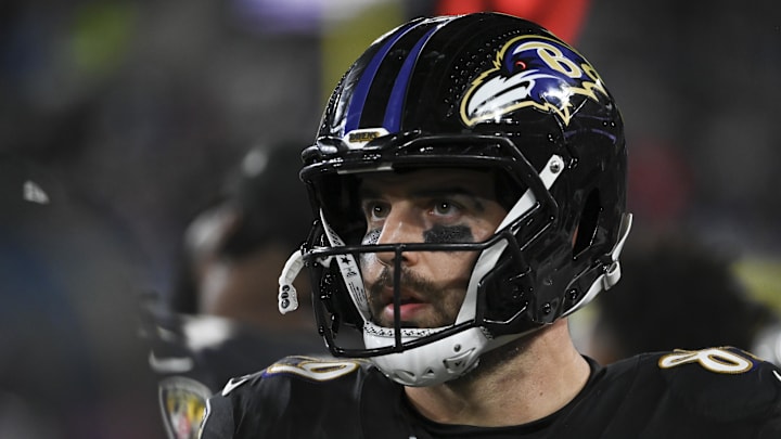 Sep 29, 2024; Baltimore, Maryland, USA; Baltimore Ravens tight end Mark Andrews (89) on the sidelines  during the second half against the Buffalo Billsat M&T Bank Stadium. Mandatory Credit: Tommy Gilligan-Imagn Images