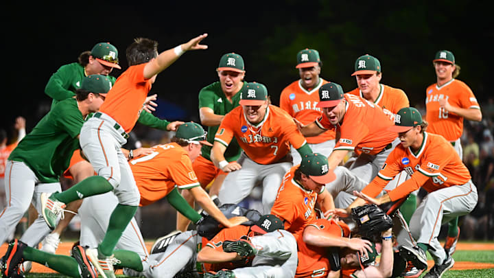 Miami Hurricanes players react after defeating the Southern Miss Golden Eagles during the final game of the 2025 NCAA Hattiesburg Regional game at Pete Taylor Park in Hattiesburg, Mississippi, on June 2, 2025.