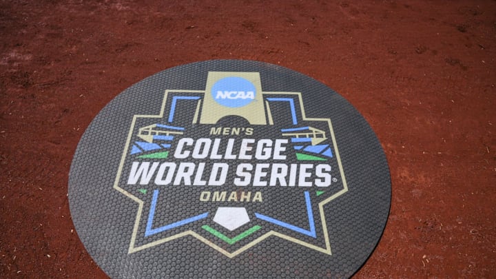 Jun 14, 2025; Omaha, Neb, USA;  Logo on the batting circle during the College World Series at Charles Schwab Field. Mandatory Credit: Steven Branscombe-Imagn Images