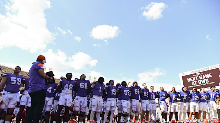 Sep 21, 2024; Starkville, Mississippi, USA; Florida Gators players sing after a game against the Mississippi State Bulldogs at Davis Wade Stadium at Scott Field. Mandatory Credit: Matt Bush-Imagn Images
