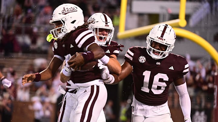 Aug 31, 2024; Starkville, Mississippi, USA; Mississippi State Bulldogs wide receiver Mario Craver (7)  reacts after recovering a blocked punt in the endzone for a touchdown against Eastern Kentucky Colonels during the fourth quarter at Davis Wade Stadium at Scott Field. Mandatory Credit: Matt Bush-Imagn Images