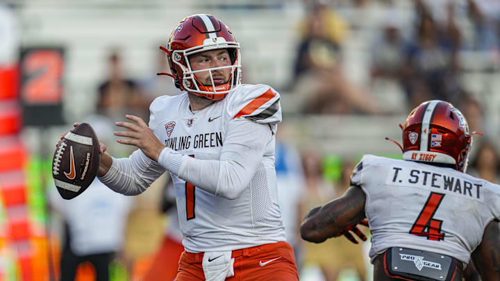 Sep 30, 2023; Atlanta, Georgia, USA; Bowling Green Falcons quarterback Connor Bazelak (7) passes the