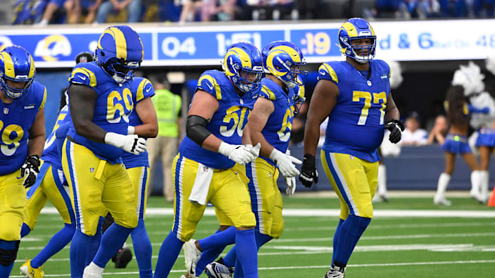 Oct 20, 2024; Inglewood, California, USA; Los Angeles Rams guard Kevin Dotson (69), Los Angeles Rams center Beaux Limmer (50), Los Angeles Rams guard Justin Dedich (67) and Los Angeles Rams offensive tackle Alaric Jackson (77) during the fourth quarter against the Las Vegas Raiders at SoFi Stadium. Mandatory Credit: Robert Hanashiro-Imagn Images
