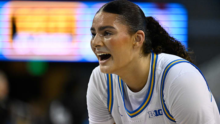 Nov 24, 2024; Los Angeles, California, USA; UCLA Bruins center Lauren Betts during pregame warmups before playing the South Carolina Gamecocks at Pauley Pavilion presented by Wescom. Mandatory Credit: Robert Hanashiro-Imagn Images Nov 24, 2024; Los Angeles, California, USA; UCLA Bruins center Lauren Betts during pregame warmups before playing the South Carolina Gamecocks at Pauley Pavilion presented by Wescom. Mandatory Credit: Robert Hanashiro-Imagn Images