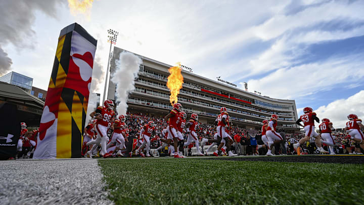Oct 11, 2025; College Park, Maryland, USA;  Maryland Terrapins takes the field before the game against the Nebraska Cornhuskers  at SECU Stadium. Mandatory Credit: Tommy Gilligan-Imagn Images