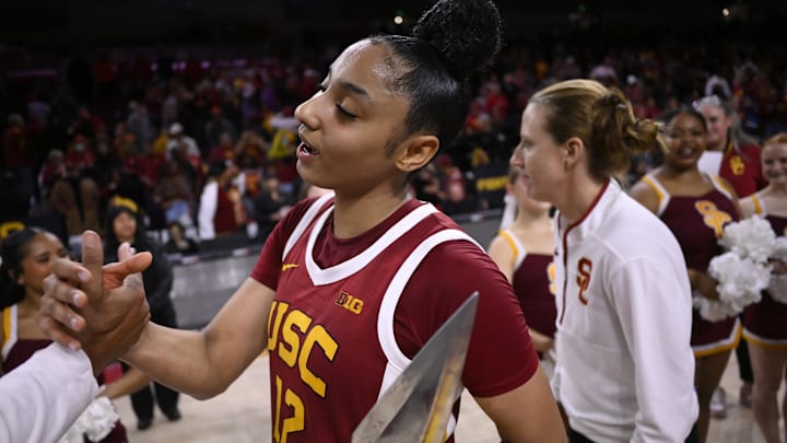 Feb 13, 2025; Los Angeles, California, USA; USC Trojans guard JuJu Watkins (12) reacts after the Trojans defeated the UCLA Bruins at Galen Center. The Bruins came into the game ranked #1 in the country. Mandatory Credit: Robert Hanashiro-Imagn Images Feb 13, 2025; Los Angeles, California, USA; USC Trojans guard JuJu Watkins (12) reacts after the Trojans defeated the UCLA Bruins at Galen Center. The Bruins came into the game ranked #1 in the country. Mandatory Credit: Robert Hanashiro-Imagn Images