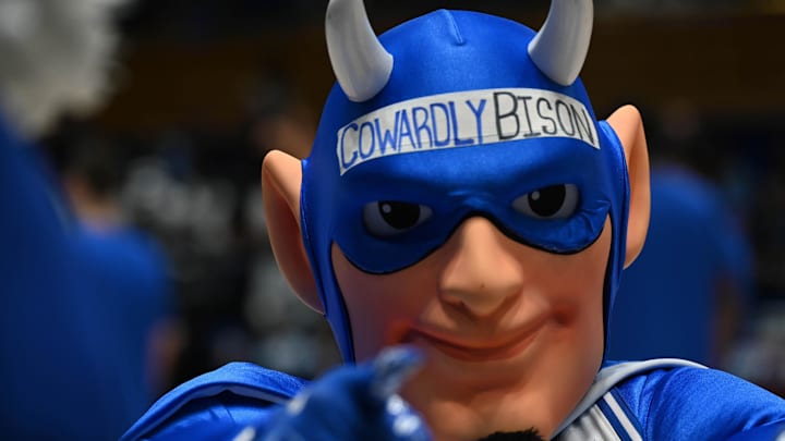 Nov 23, 2025; Durham, North Carolina, USA; The Duke Blue Devils mascot during the first half at Cameron Indoor Stadium. Mandatory Credit: Rob Kinnan-Imagn Images