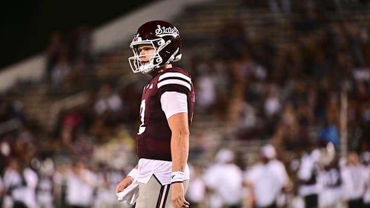 Sep 14, 2024; Starkville, Mississippi, USA; Mississippi State Bulldogs quarterback Blake Shapen (2) reacts after a play against the Toledo Rockets during the fourth quarter at Davis Wade Stadium at Scott Field. Mandatory Credit: Matt Bush-Imagn Images