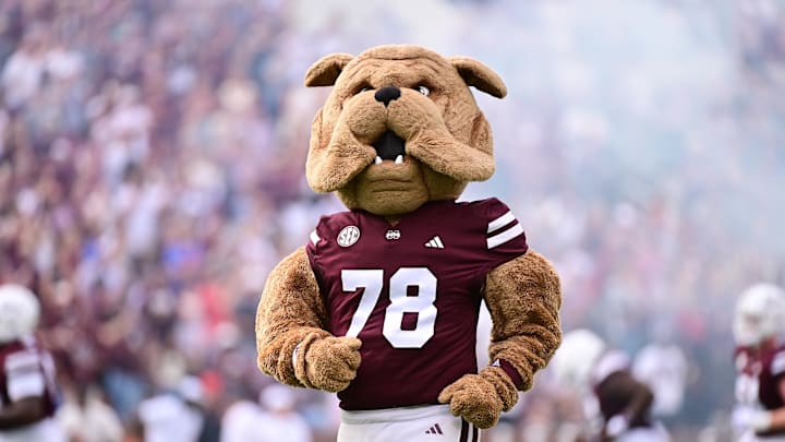 Mississippi State Bulldogs mascot Bully runs onto the field before the game against the Eastern Kentucky Colonels at Davis Wade Stadium at Scott Field.