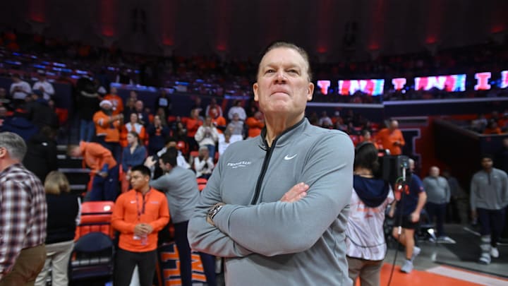 Dec 13, 2025; Champaign, Illinois, USA;  Illinois Fighting Illini head coach Brad Underwood before the first half against the Nebraska Cornhuskers at State Farm Center. Mandatory Credit: Ron Johnson-Imagn Images