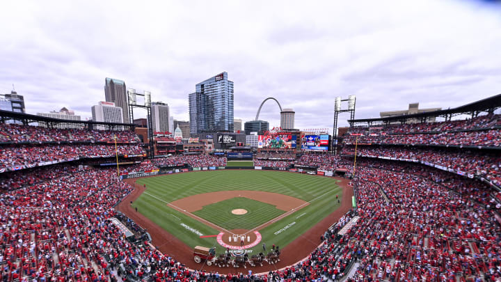 Apr 4, 2024; St. Louis, Missouri, USA;  A general view as the Budweiser Clydesdales trot around the warning track before the St. Louis Cardinals home opener against the Miami Marlins at Busch Stadium. Mandatory Credit: Jeff Curry-USA TODAY Sports