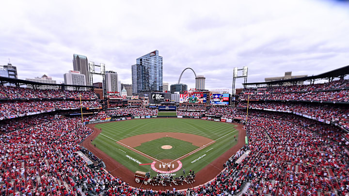 Apr 4, 2024; St. Louis, Missouri, USA;  A general view as the Budweiser Clydesdales trot around the warning track before the St. Louis Cardinals home opener against the Miami Marlins at Busch Stadium. Mandatory Credit: Jeff Curry-Imagn Images